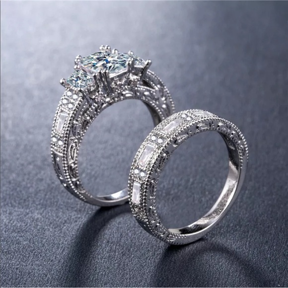 New 925 Silver 2pcs Set Emerald Cut Zircon Ring - Picture 2 of 5